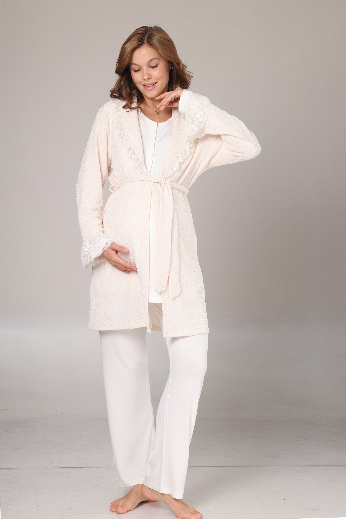 Lace Detailed 3-Piece Maternity-Nursing Pajama & Jacquard Robe Set Ecru - 1010