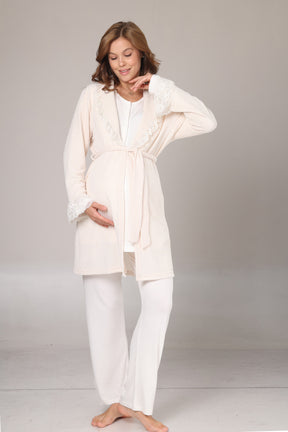 Lace Detailed 3-Piece Maternity-Nursing Pajama & Jacquard Robe Set Ecru - 1010