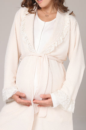 Lace Detailed 3-Piece Maternity-Nursing Pajama & Jacquard Robe Set Ecru - 1010