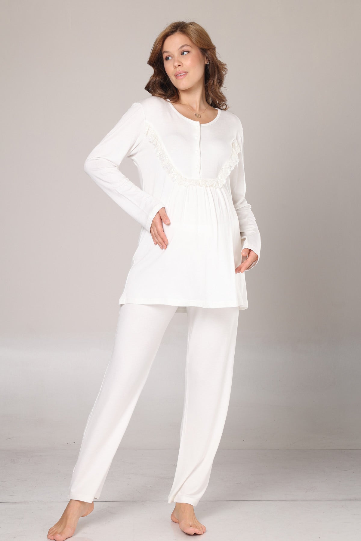Lace Detailed 3-Piece Maternity-Nursing Pajama & Jacquard Robe Set Ecru - 1010
