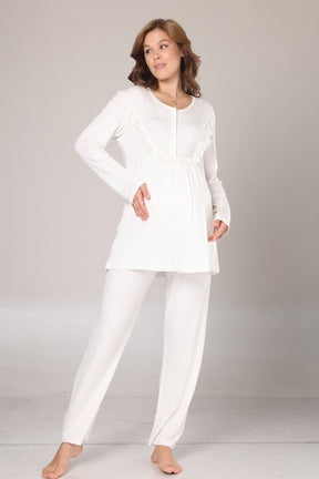 Lace Detailed 3-Piece Maternity-Nursing Pajama & Jacquard Robe Set Ecru - 1010