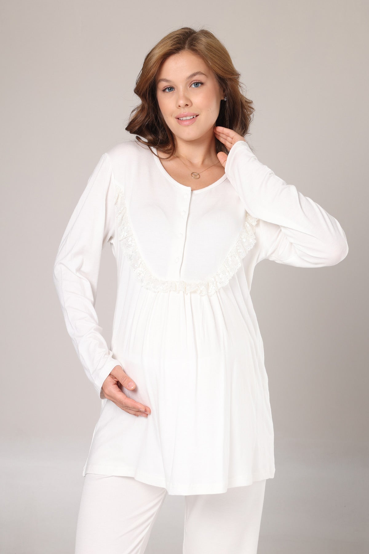 Lace Detailed 3-Piece Maternity-Nursing Pajama & Jacquard Robe Set Ecru - 1010