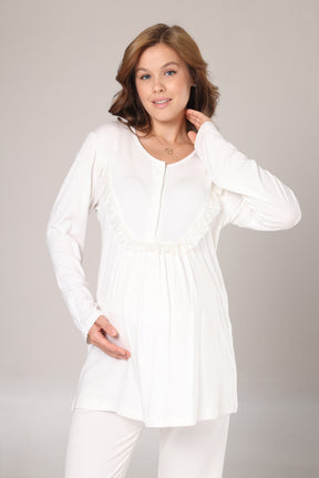 Lace Detailed 3-Piece Maternity-Nursing Pajama & Jacquard Robe Set Ecru - 1010