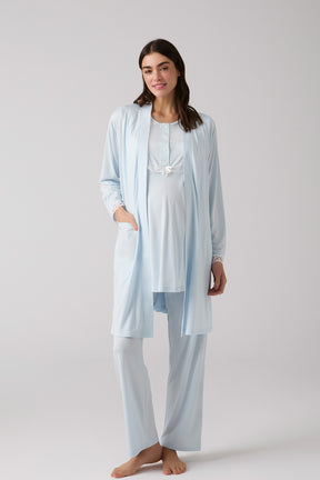 Lacy Panel 3-Piece Maternity-Nursing Pajama & Robe Set Blue - 1010