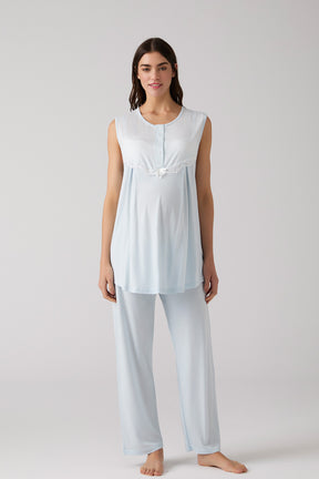 Lacy Panel 3-Piece Maternity-Nursing Pajama & Robe Set Blue - 1010