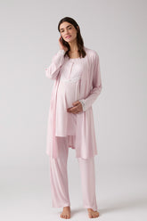 Lacy Panel 3-Piece Maternity-Nursing Pajama & Robe Set Powder - 1010