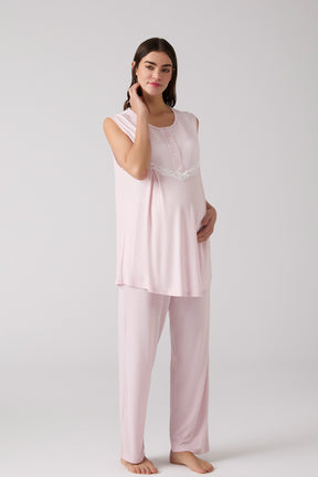 Lacy Panel 3-Piece Maternity-Nursing Pajama & Robe Set Powder - 1010