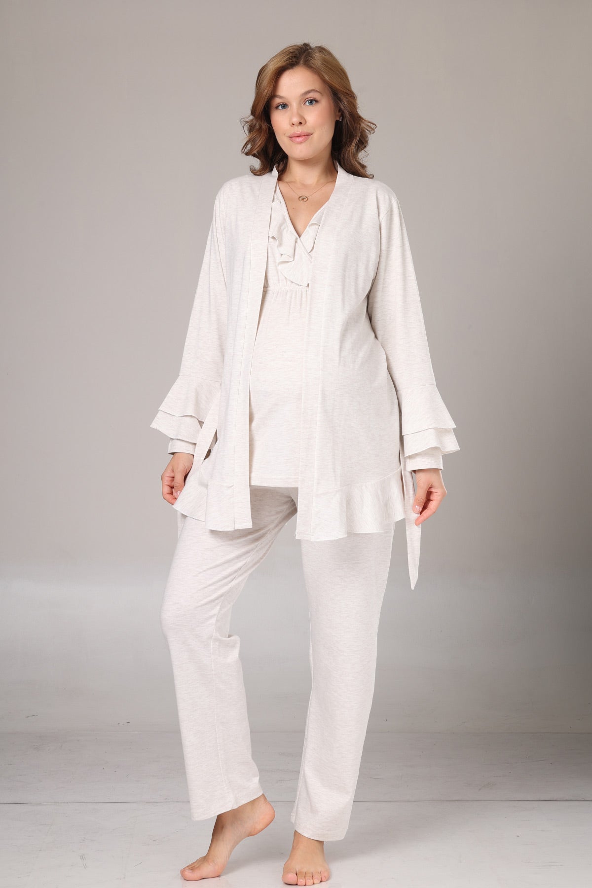 Pleated Collar 3-Piece Maternity-Nursing Pajama & Flywheel Arm Robe Set Beige - 1011