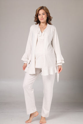 Pleated Collar 3-Piece Maternity-Nursing Pajama & Flywheel Arm Robe Set Beige - 1011