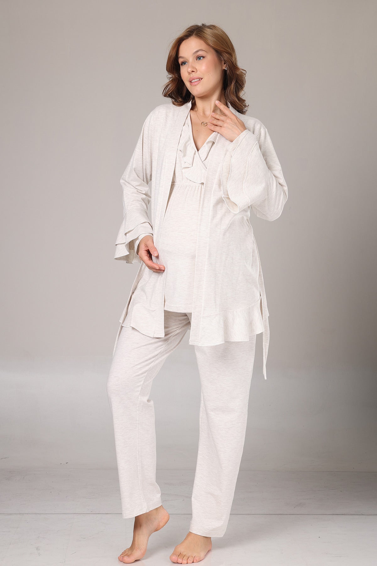 Pleated Collar 3-Piece Maternity-Nursing Pajama & Flywheel Arm Robe Set Beige - 1011