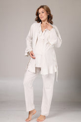 Pleated Collar 3-Piece Maternity-Nursing Pajama & Flywheel Arm Robe Set Beige - 1011