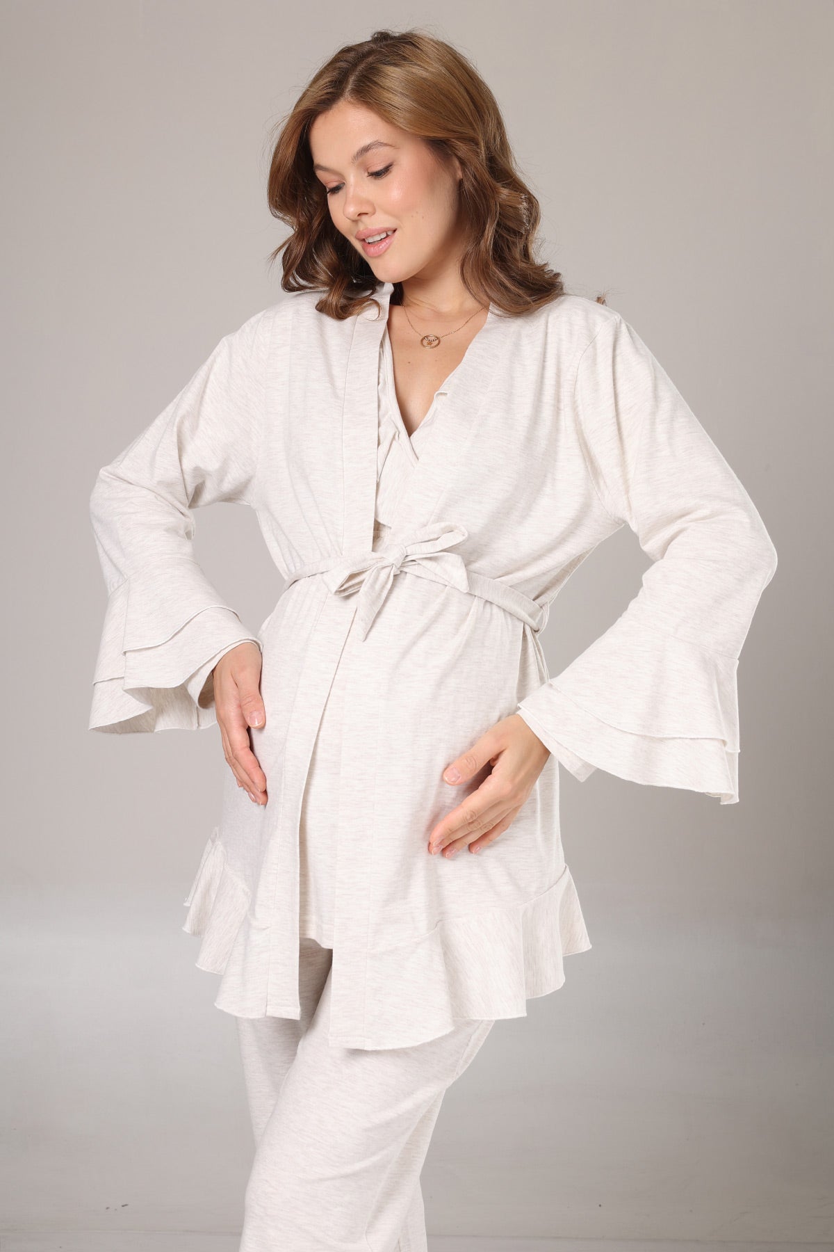Pleated Collar 3-Piece Maternity-Nursing Pajama & Flywheel Arm Robe Set Beige - 1011