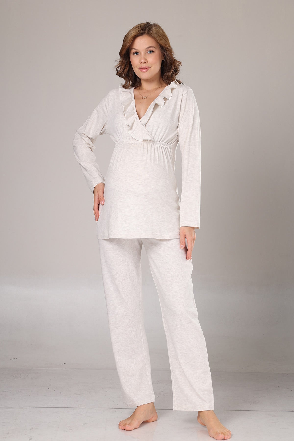 Pleated Collar 3-Piece Maternity-Nursing Pajama & Flywheel Arm Robe Set Beige - 1011
