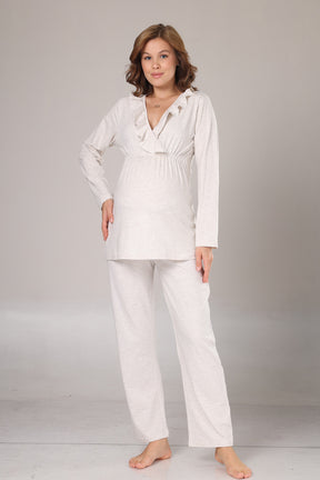 Pleated Collar 3-Piece Maternity-Nursing Pajama & Flywheel Arm Robe Set Beige - 1011