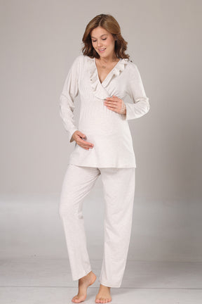 Pleated Collar 3-Piece Maternity-Nursing Pajama & Flywheel Arm Robe Set Beige - 1011