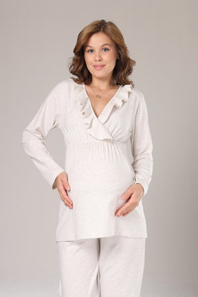 Pleated Collar 3-Piece Maternity-Nursing Pajama & Flywheel Arm Robe Set Beige - 1011
