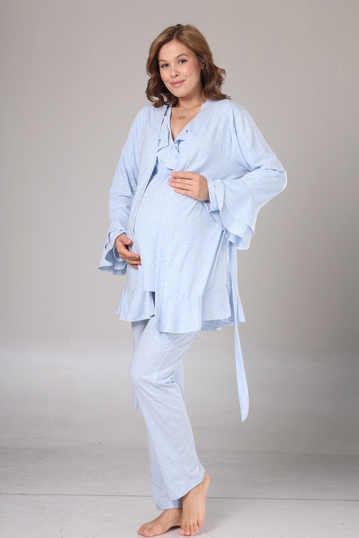Pleated Collar 3-Piece Maternity-Nursing Pajama & Flywheel Arm Robe Set Blue - 1012