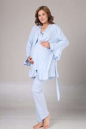 Pleated Collar 3-Piece Maternity-Nursing Pajama & Flywheel Arm Robe Set Blue - 1012