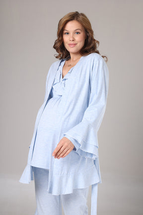 Pleated Collar 3-Piece Maternity-Nursing Pajama & Flywheel Arm Robe Set Blue - 1012