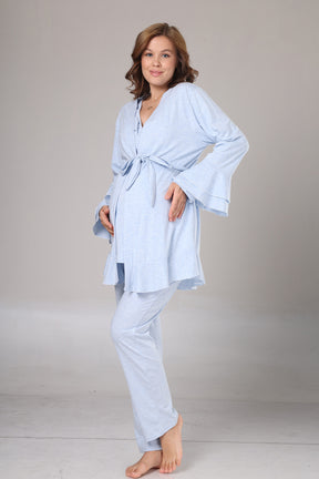 Pleated Collar 3-Piece Maternity-Nursing Pajama & Flywheel Arm Robe Set Blue - 1012