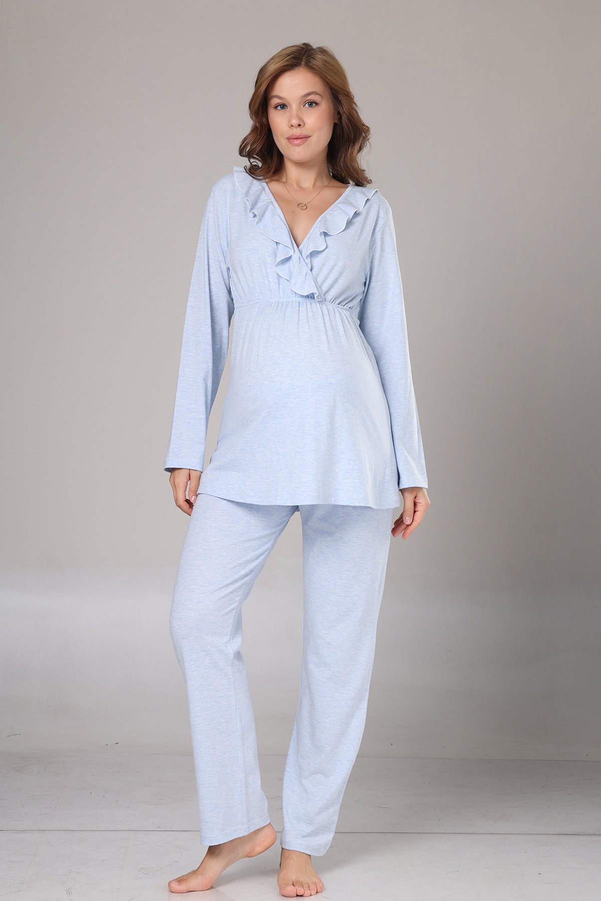 Pleated Collar 3-Piece Maternity-Nursing Pajama & Flywheel Arm Robe Set Blue - 1012