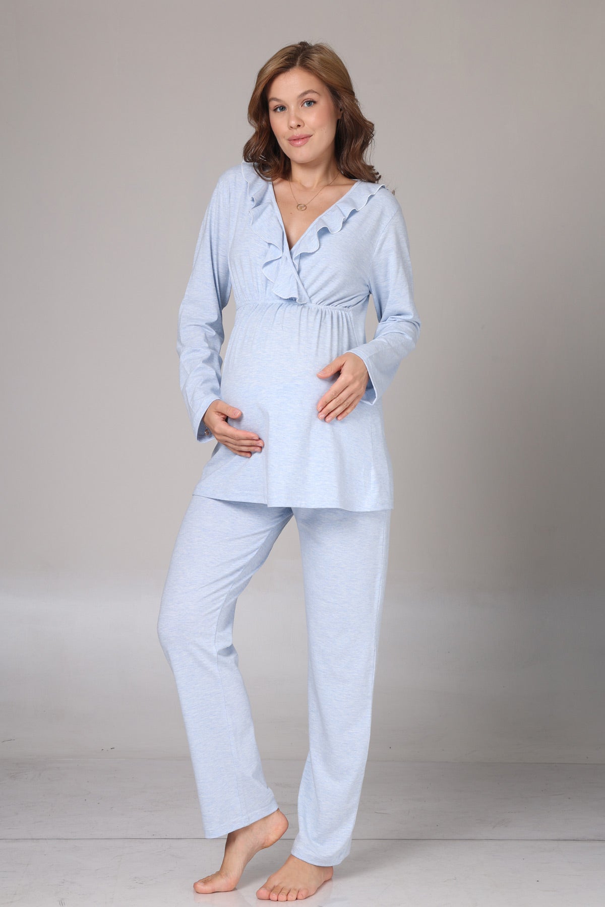 Pleated Collar 3-Piece Maternity-Nursing Pajama & Flywheel Arm Robe Set Blue - 1012