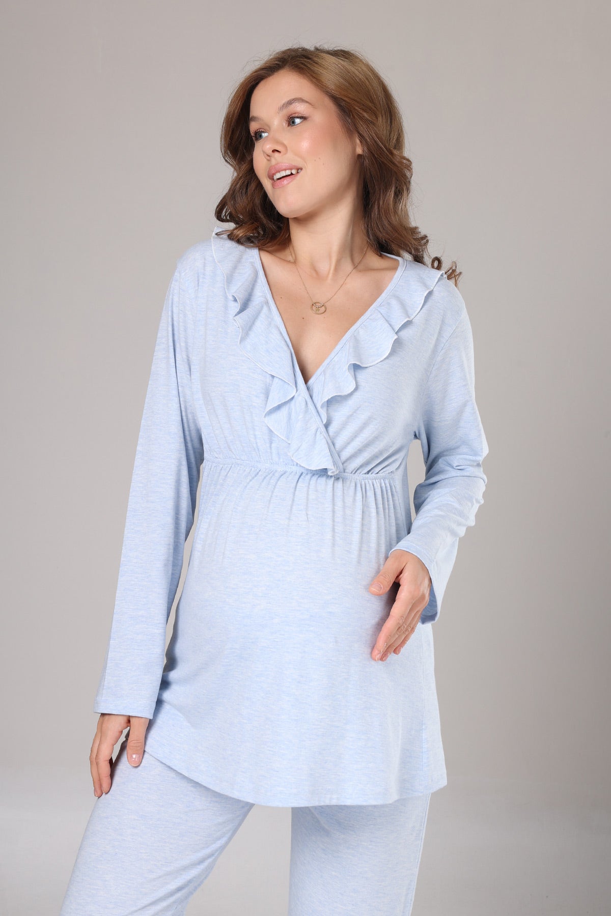 Pleated Collar 3-Piece Maternity-Nursing Pajama & Flywheel Arm Robe Set Blue - 1012