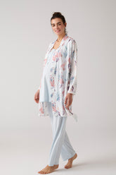 Lace Collar 3-Piece Maternity-Nursing Pajama & Patterned Robe Set Blue - 1012