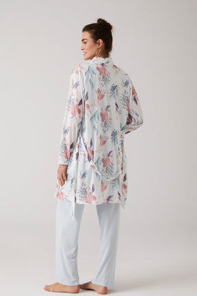 Lace Collar 3-Piece Maternity-Nursing Pajama & Patterned Robe Set Blue - 1012