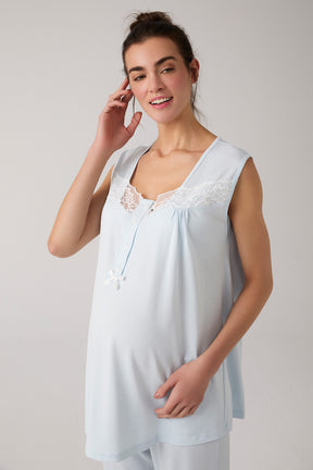 Lace Collar 3-Piece Maternity-Nursing Pajama & Patterned Robe Set Blue - 1012