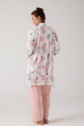 Lace Collar 3-Piece Maternity-Nursing Pajama & Patterned Robe Set Salmon - 1012