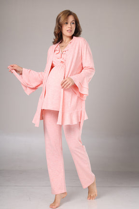Pleated Collar 3-Piece Maternity-Nursing Pajama & Flywheel Arm Robe Set Pink - 1013