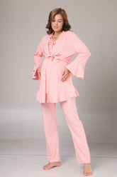 Pleated Collar 3-Piece Maternity-Nursing Pajama & Flywheel Arm Robe Set Pink - 1013