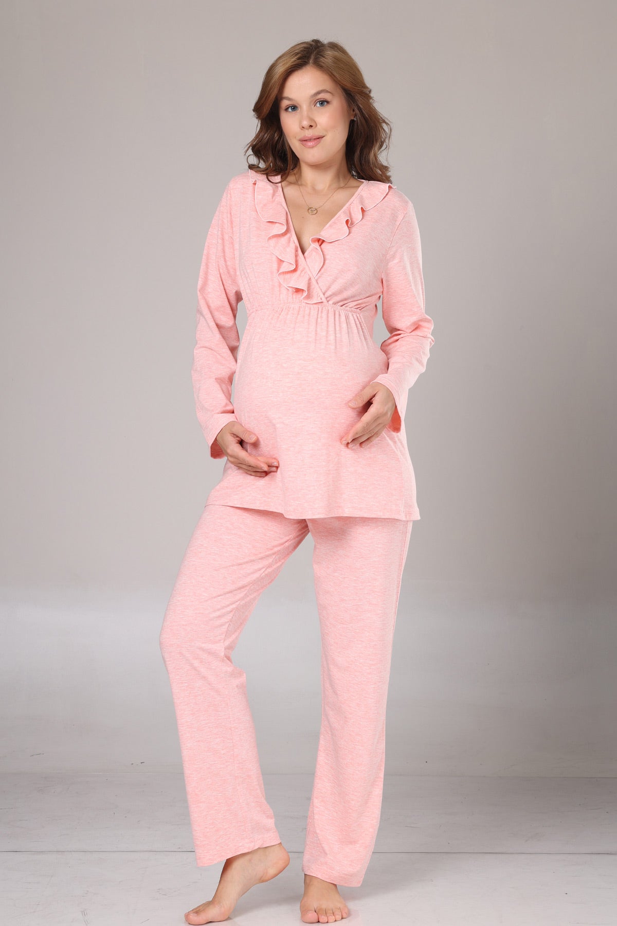 Pleated Collar 3-Piece Maternity-Nursing Pajama & Flywheel Arm Robe Set Pink - 1013