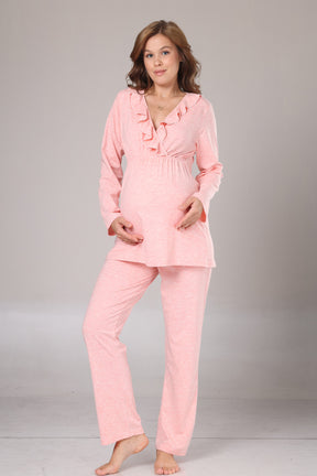Pleated Collar 3-Piece Maternity-Nursing Pajama & Flywheel Arm Robe Set Pink - 1013