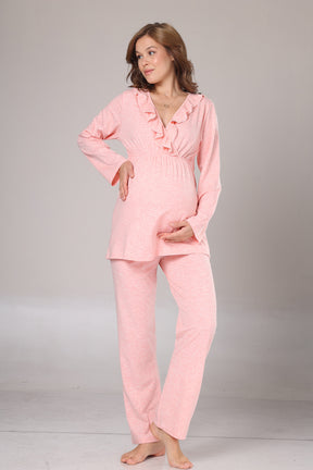 Pleated Collar 3-Piece Maternity-Nursing Pajama & Flywheel Arm Robe Set Pink - 1013