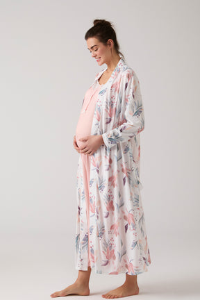 Lace Collar Maternity-Nursing Nightgown & Patterned Robe Set Salmon - 1013