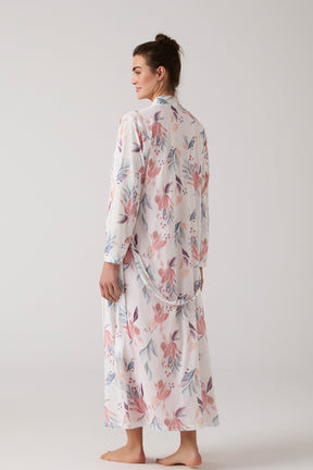 Lace Collar Maternity-Nursing Nightgown & Patterned Robe Set Salmon - 1013