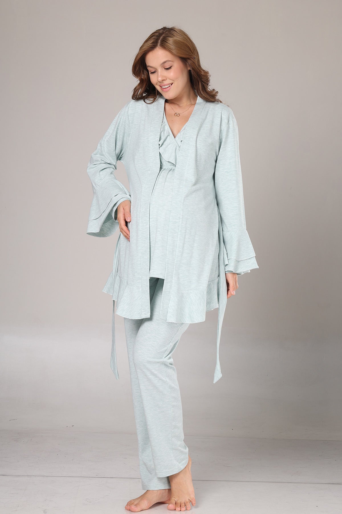 Pleated Collar 3-Piece Maternity-Nursing Pajama & Flywheel Arm Robe Set Green - 1014