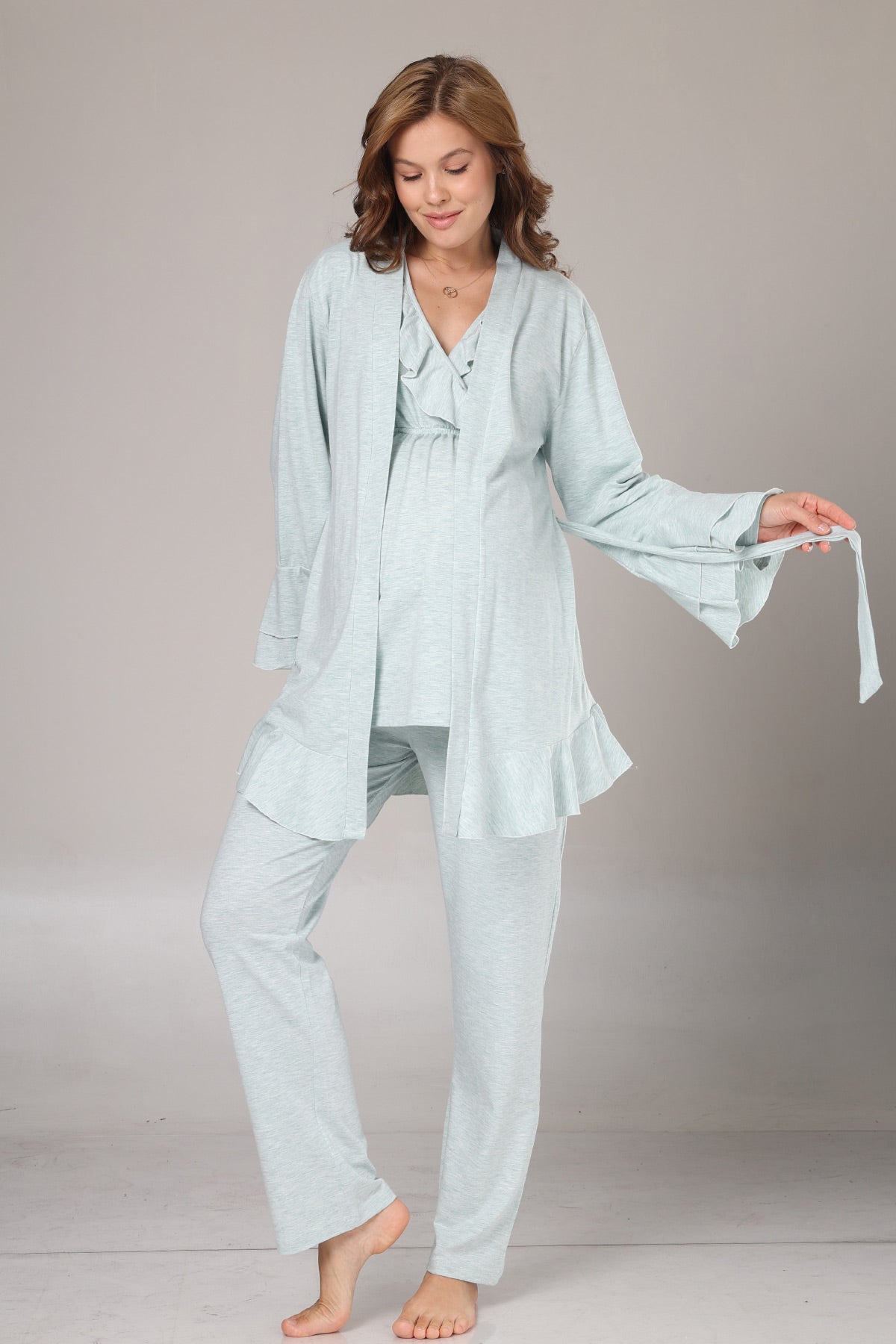 Pleated Collar 3-Piece Maternity-Nursing Pajama & Flywheel Arm Robe Set Green - 1014