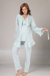 Pleated Collar 3-Piece Maternity-Nursing Pajama & Flywheel Arm Robe Set Green - 1014