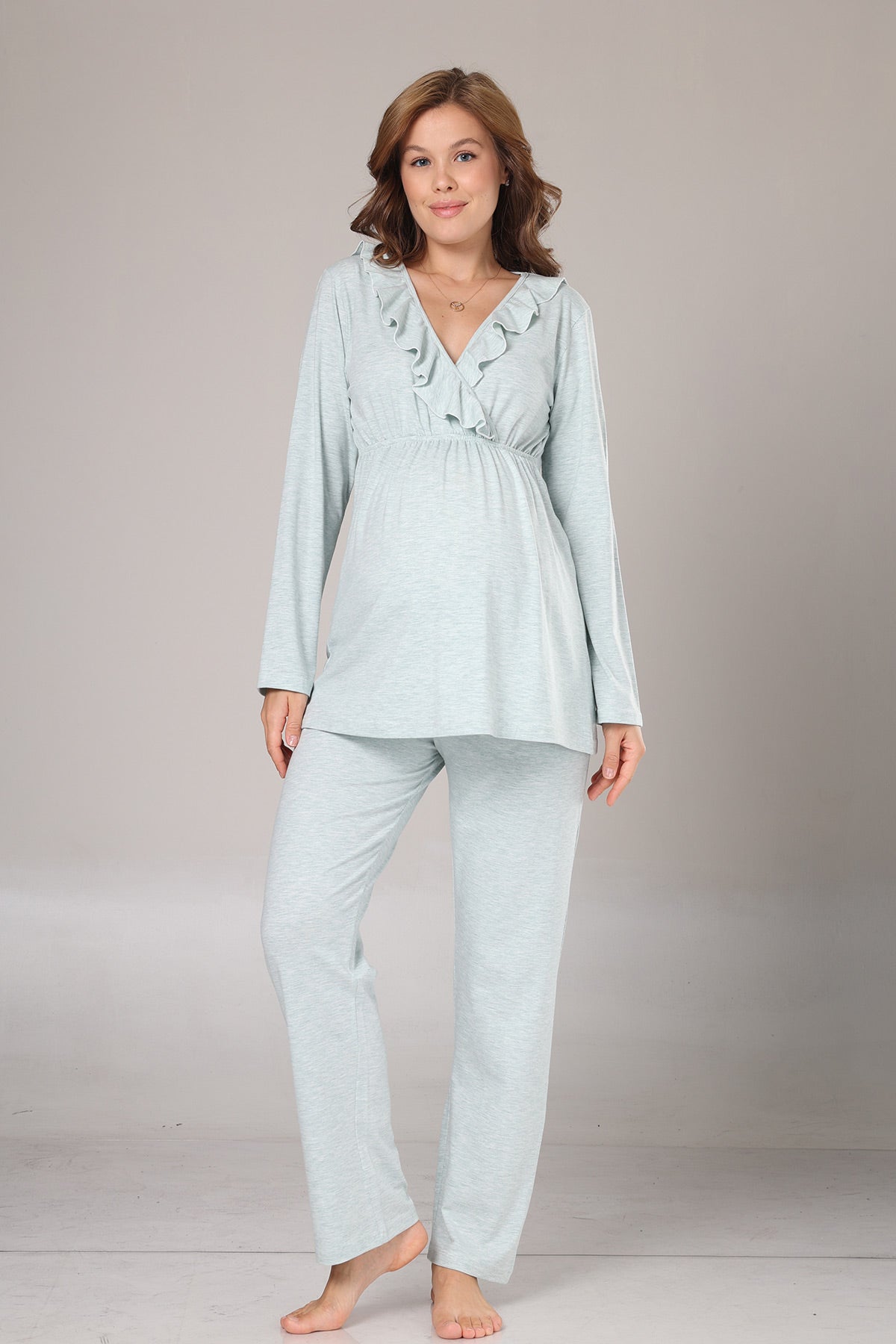Pleated Collar 3-Piece Maternity-Nursing Pajama & Flywheel Arm Robe Set Green - 1014