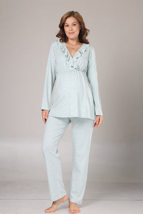 Pleated Collar 3-Piece Maternity-Nursing Pajama & Flywheel Arm Robe Set Green - 1014