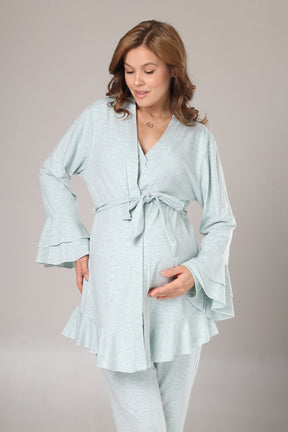 Pleated Collar 3-Piece Maternity-Nursing Pajama & Flywheel Arm Robe Set Green - 1014