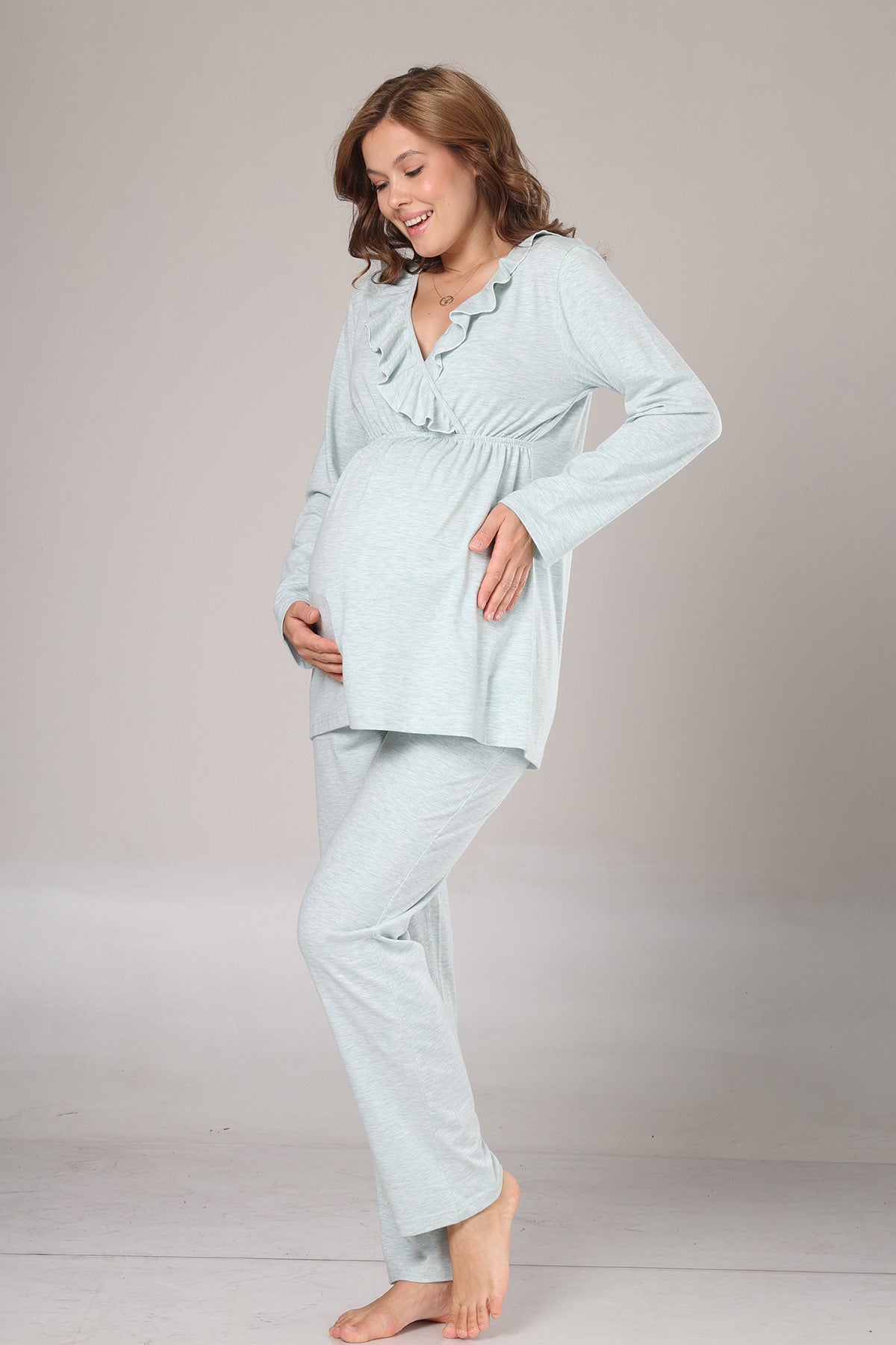 Pleated Collar 3-Piece Maternity-Nursing Pajama & Flywheel Arm Robe Set Green - 1014