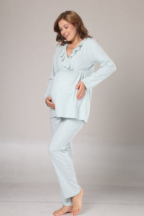 Pleated Collar 3-Piece Maternity-Nursing Pajama & Flywheel Arm Robe Set Green - 1014