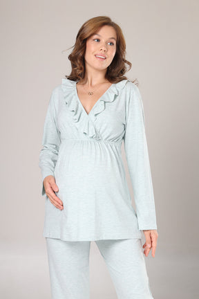 Pleated Collar 3-Piece Maternity-Nursing Pajama & Flywheel Arm Robe Set Green - 1014