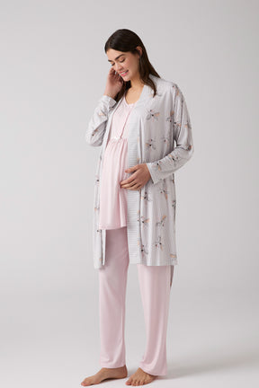 Crew-Neck 3-Piece Maternity-Nursing Pajama & Patterned Robe Set Powder - 1014