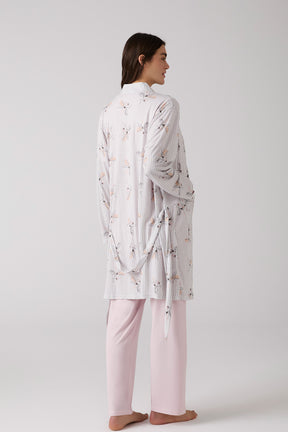 Crew-Neck 3-Piece Maternity-Nursing Pajama & Patterned Robe Set Powder - 1014