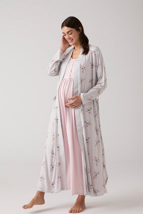 Crew-Neck Maternity-Nursing Nightgown & Patterned Robe Set Powder - 1015